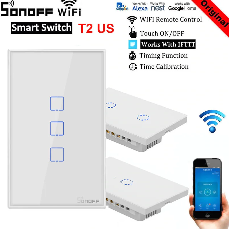 Умный настенный выключатель Sonoff T1/T2 США Wi Fi сенсорный/Wi Fi/433 RF/APP дистанционный
