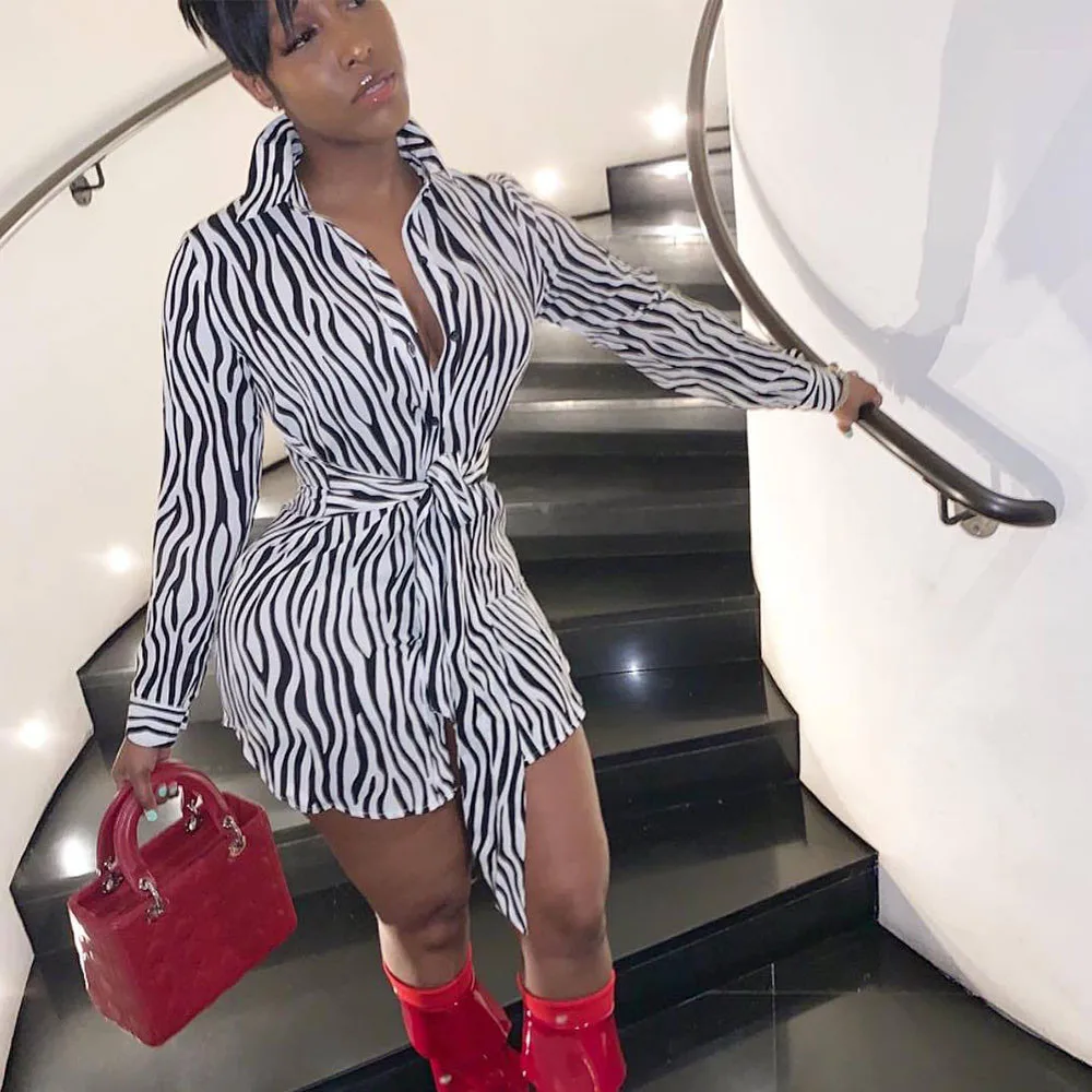 Женское Короткое платье рубашка с длинным рукавом в полоску принтом зебры и