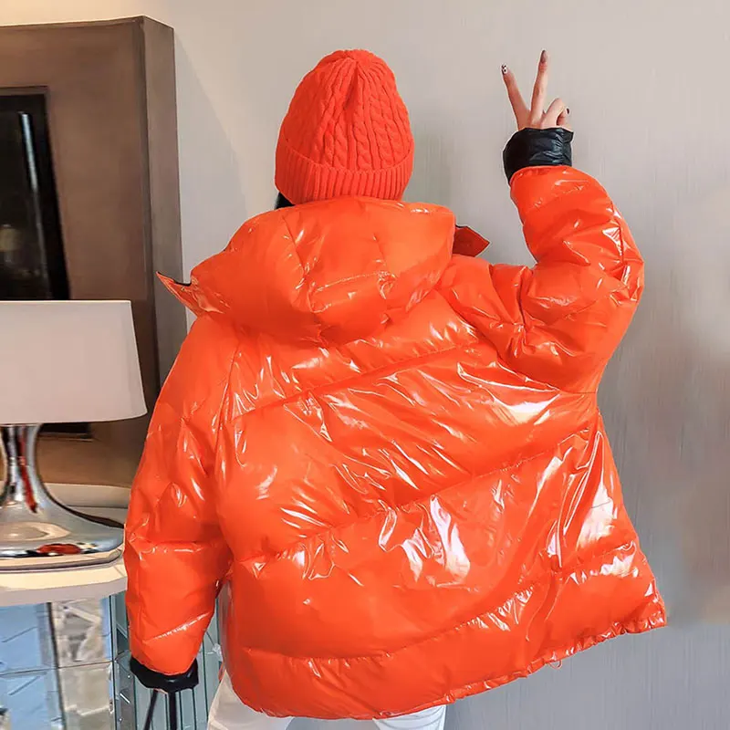 

Glossy Down Coat Women Short 2020 Winter New Korean Loose Candy color White Duck Down Jacket Lady Fashion Hooded Streetwear D208