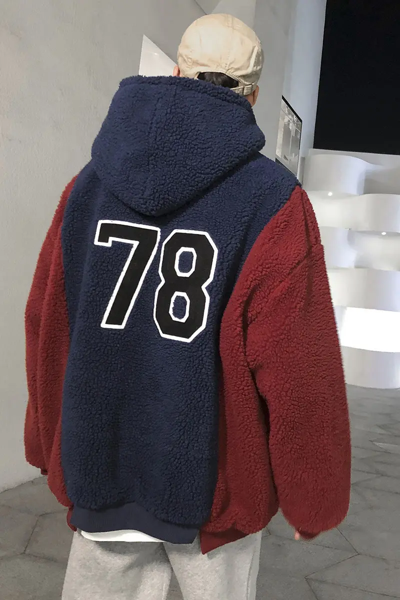 

2020 Winter Lamb wool Plush coat men's splicing cotton padded thickened jacket Korean hooded Best clothes Free shipping black