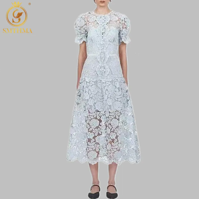 Женское модельное кружевное платье SMTHMA синее длинное с коротким рукавом