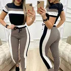 Женские костюмы из двух предметов с длиннымкоротким рукавом, пуловер с круглым вырезом и брюки, Женский Цветной наряд в стиле колор блок для лета, осени, SMLXL