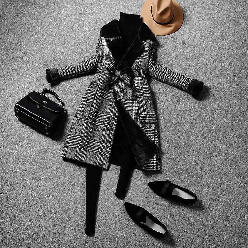 balck woolen coat Luzuzi, винтажное клетчатое шерстяное пальто для женщин, тонкий пояс, отложной воротник, пальто для девушек, корейский стиль, Осень-зима, теплая подкладка из искусственной шерсти, верхняя одежда - Цвет: balck woolen coat