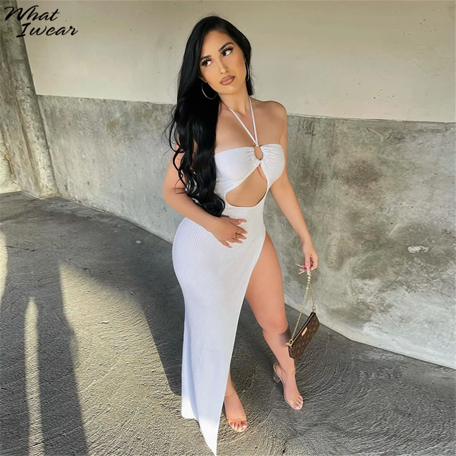 

Whatiwear Y2K Elegant Knitted Solid Sexy Hollow Maxi Dress Women Clothing Sleeveless Off Shoulder Lace Up Clubwear Female Skirt