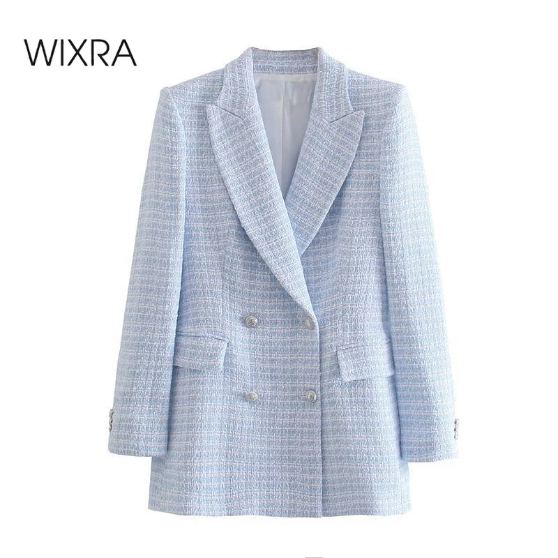

Wixra Women Double Breasted Tweed Blazer Long Sleeve Pockets Female OL Chic Plaid Checkered Tops New Hot