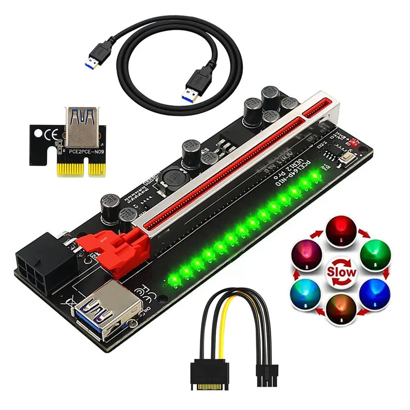 

Ver12 Pro PCIE Riser PCI Express X1 на X16 карта адаптера графического расширения 3528 цветная светодиодная вспышка для майнинга биткоинов