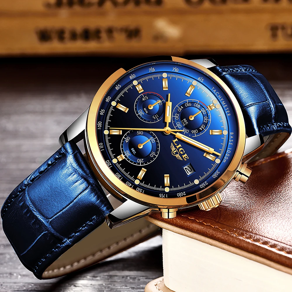 Часы наручные LIGE Мужские кварцевые модные спортивные брендовые Роскошные