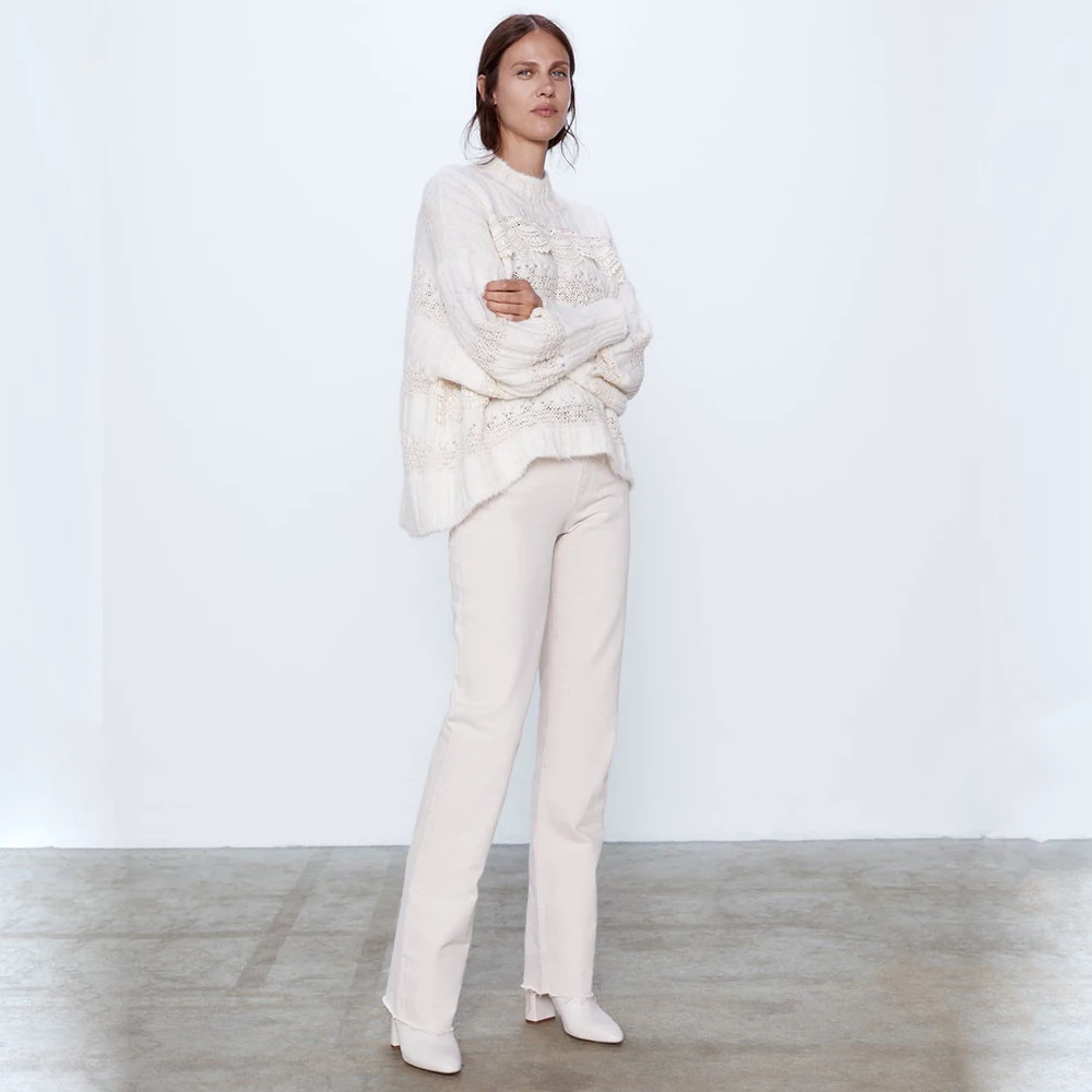 Свитер ZA в Корейском стиле Женский пуловер с воротником средней длины оборками и