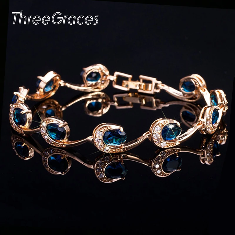ThreeGraces новые модные женские аксессуары золотого цвета женские темно-синие Кристальные браслеты-Цепочки Браслеты с циркониевым камнем BR064