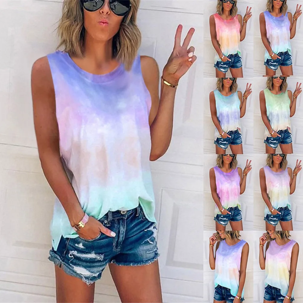 

2020 Summer Sexy Women Tie Dye Print Short T Shirt Sleeveless Tshirt Harajuku Camiseta Mujer Tee Shirt Femme Streetwear Oversize