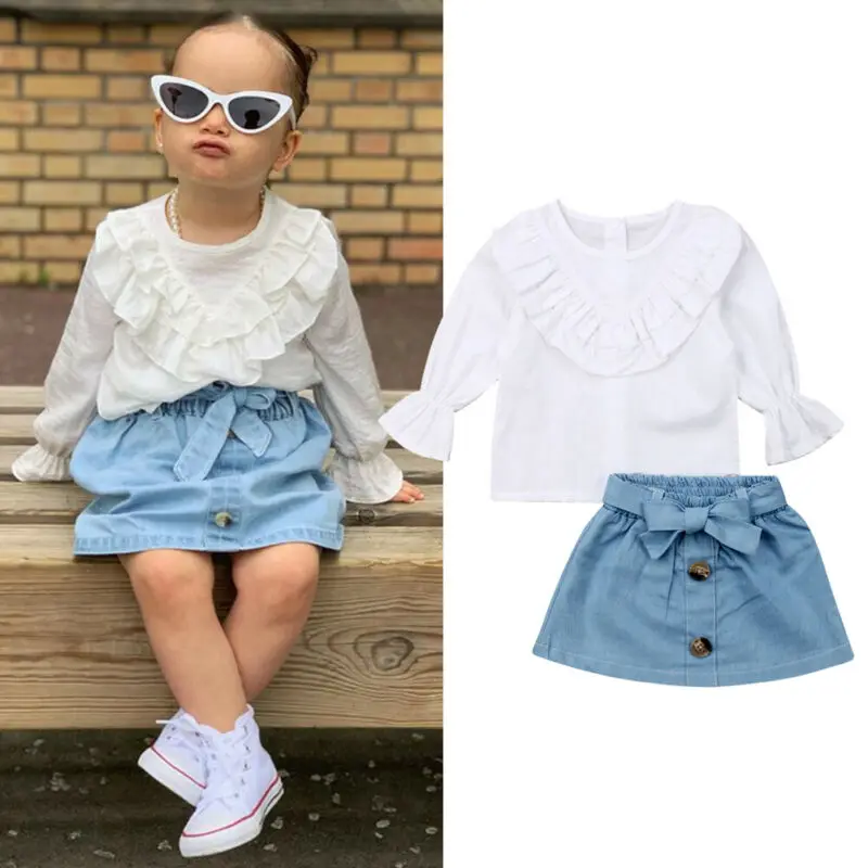 

Toddler Kids Baby Girl Clothes Long Sleeve Ruffle Tops+Denim Dress Outfit Set 1-5Y