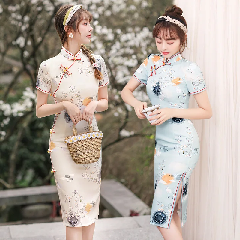 

Атласное женское винтажное китайское вечернее платье-Ципао с воротником-стойкой, классическое китайское традиционное платье с цветами