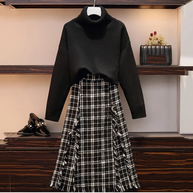 2019 Модный осенне зимний джемпер с горлышком + твидовая юбка кисточками комплекты