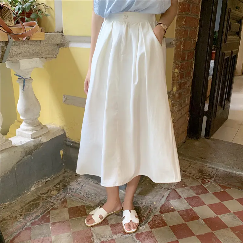 

2021 All Match New Hot A-Line Chic Korean Fashion Sweet Girls High Waist Slender Feminine Hot Solid Fairy Skirts