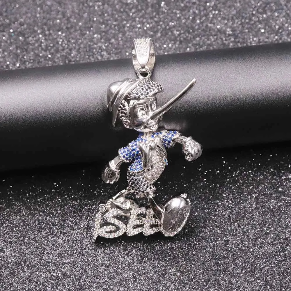 Pinocchio мультфильм аниме персонаж кулон с веревкой цепь золото серебро Bling кубический циркон мужская хип хоп ожерелье ювелирные изделия подарок