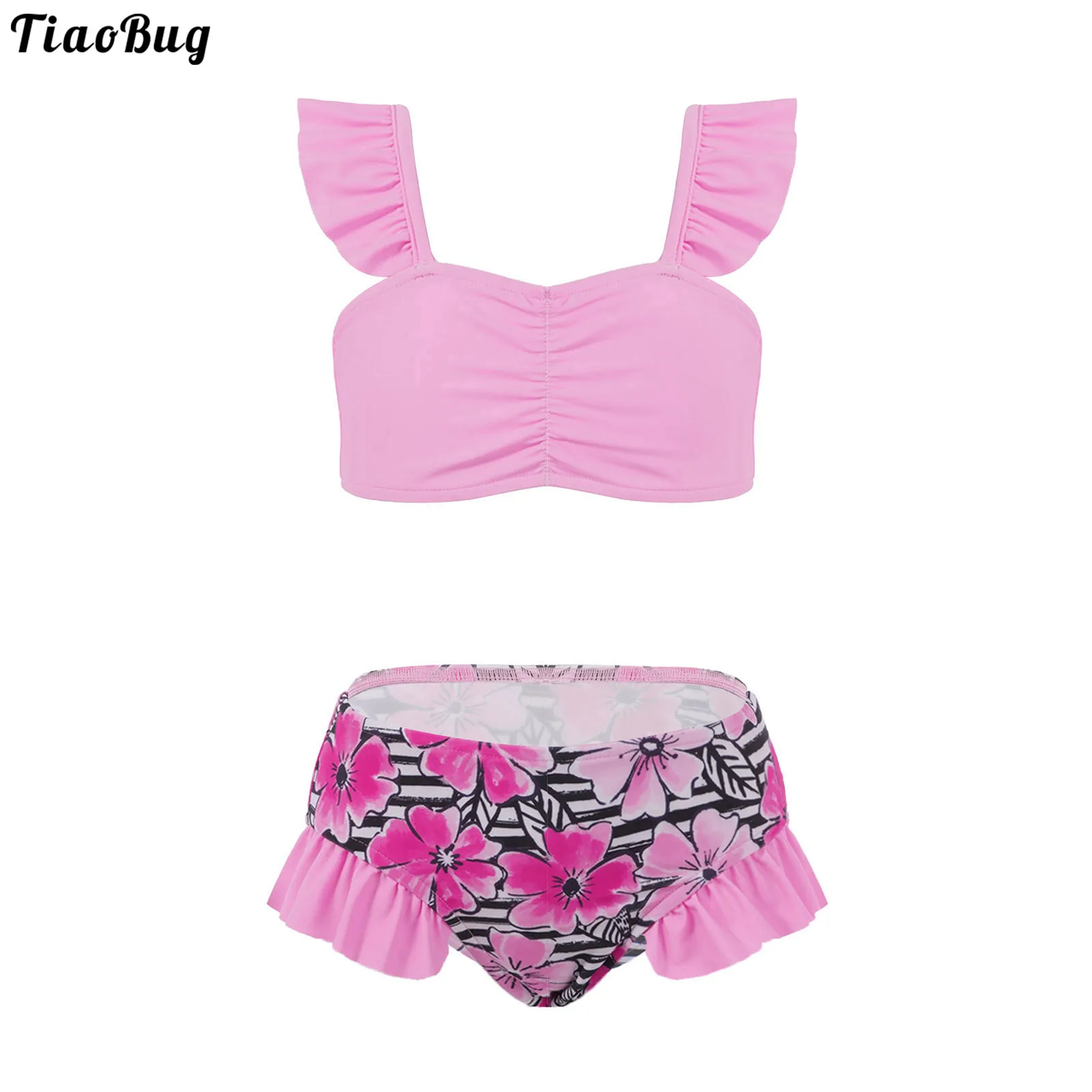 

TiaoBug Summer 2Pcs Kid Girls Swimming Suit Square Neck Straps Ruched Front Ruffle Trim Crop Tops And Briefs Set Swimwear Bikini