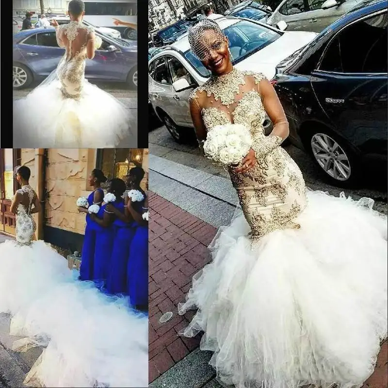 

Beads Tiers African Plus Size Mermaid Wedding Dresses Chapel Train Illusion High Neck Lace Arabic Bridal Gown Vestido De Novia