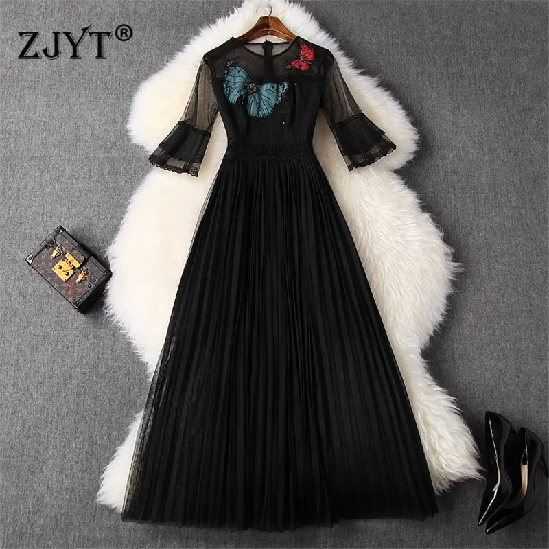 Модные Подиумные женские 2020 Весенняя Flare рукавом Бисер бабочка плиссированные