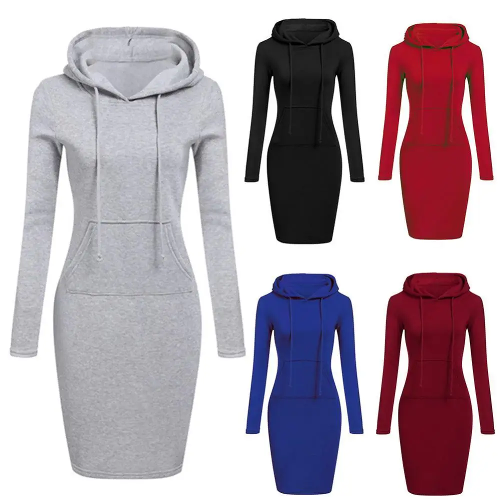 

2021 Autumn Winter Polyester Spandex Solid Color Women Long Sleeve Pocket Bodycon Hooded Sweatshirt Hoodies Dress