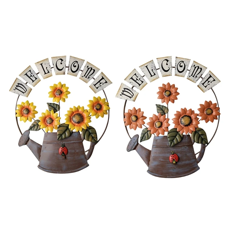 

Home Garden Creative Vintage Metal Hanging Sign with Kettle Sunflower Plaque Plate Farmhouse Wall Decoration