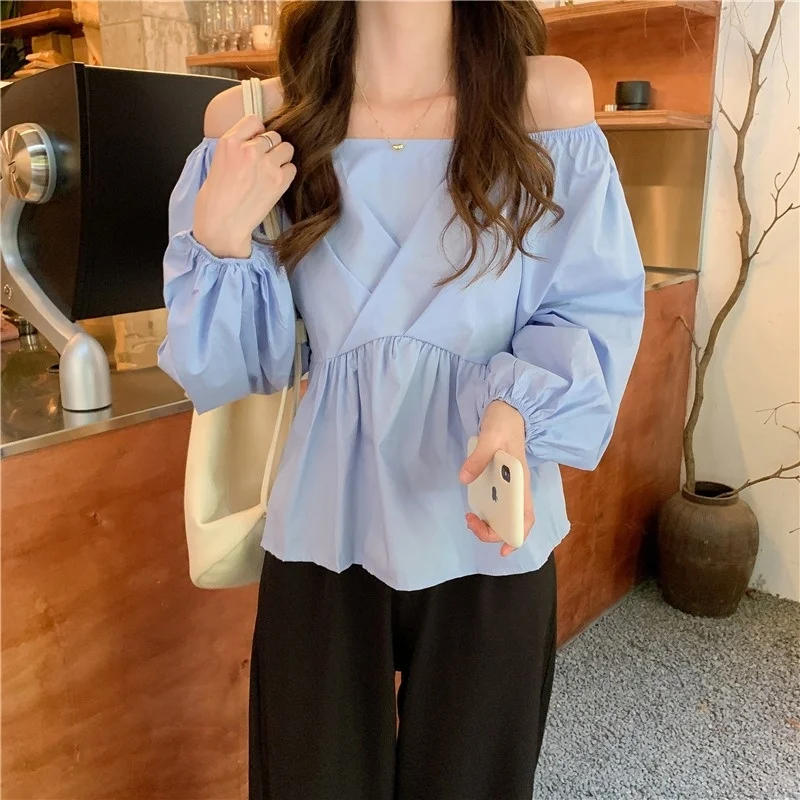 

Blue Shirt Women's Spring and Autumn Thin Design Sense Fashionable Sweet Short Collarbone off-Shoulder Long Sleeve