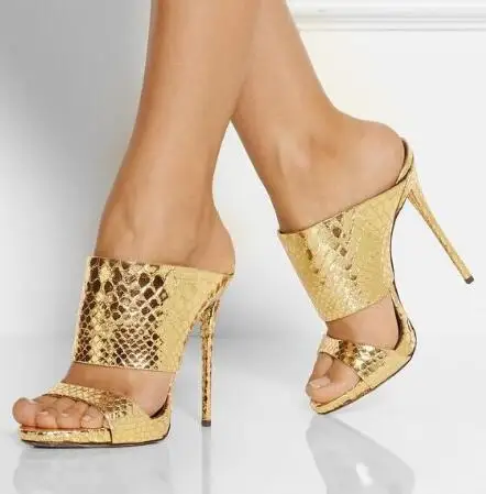 

Dipsloot Rose Gold Sliver Patent Leather Platform Sandals Woman Summer Slim Snake Pattern Slip On High Heels Slippers Shoes