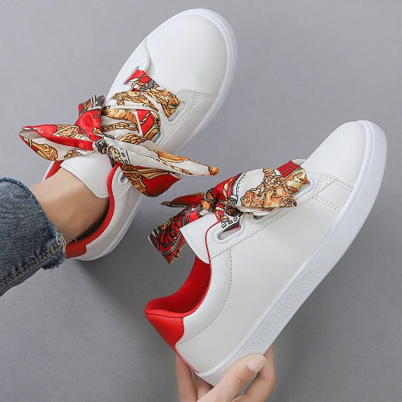 

2021 White Shoes Women Vulcanized Shoes New Fashion Student Casual Shoes Women's Thick Bottom Low Top Skateboard Shoes Knot-bow