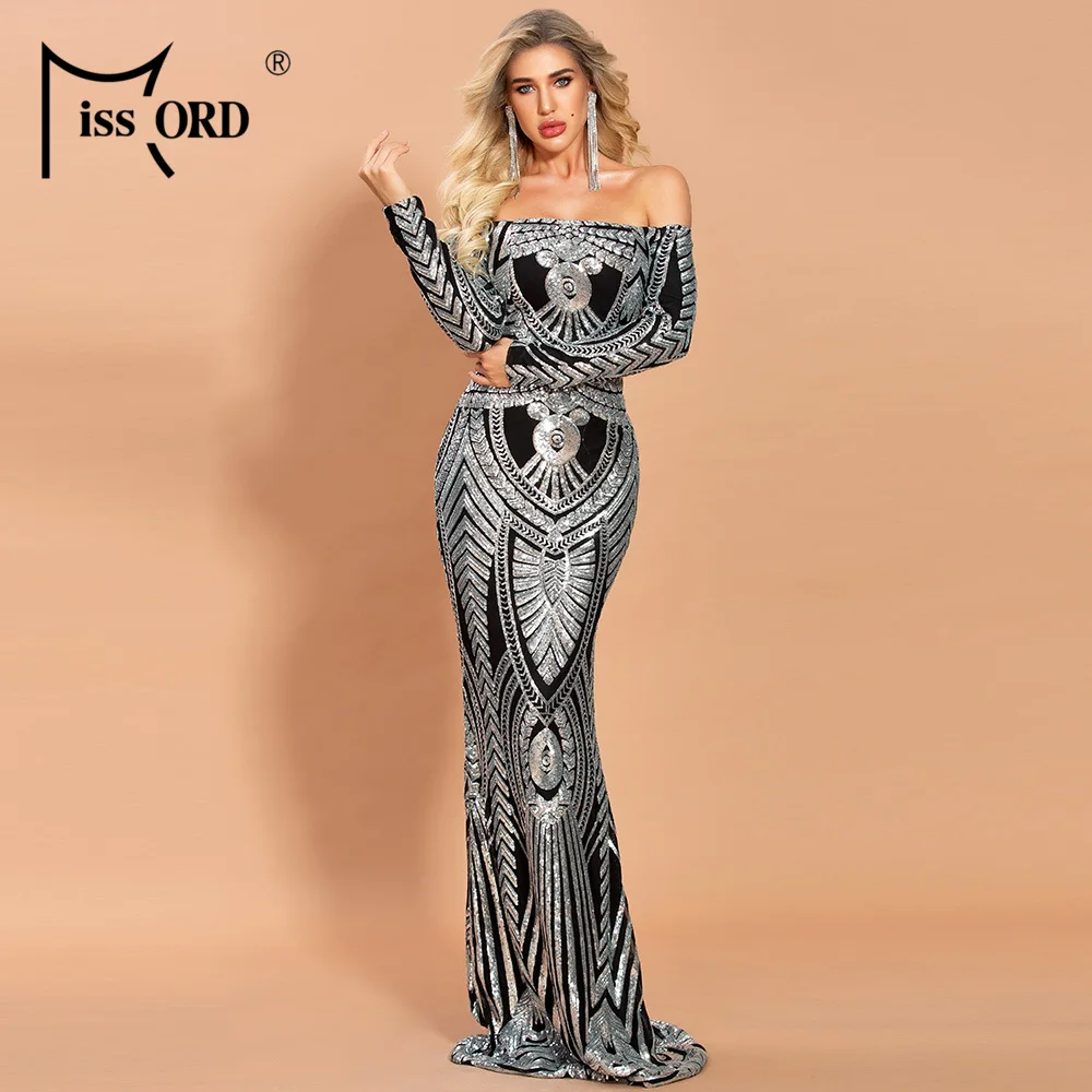 

Missord 2021 Women Sexy Slash Neck Off Shoulder Long Sleeve Sequin Dresses Female Elegant Bodycon Maxi Dress FT20082