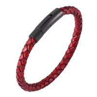 simple braided vintage red leather bracelet women men jewelry stainless steel snaps bangles weave wrist band gifts pd0451