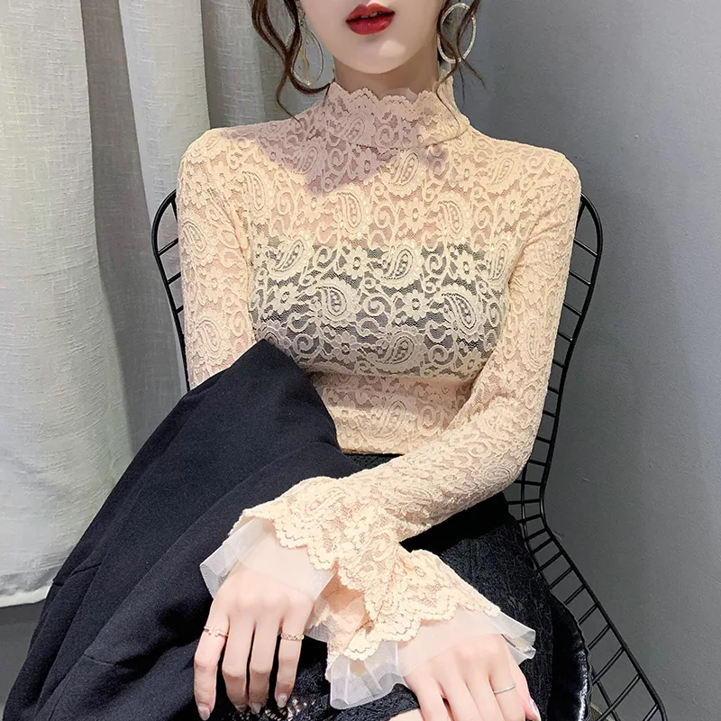 

Lace Women's Blouse Solid O-neck Girl's Shirt Fashion Plus Size Blusas New Loose Casual Summer Lady Long Sleeve Top Houthion