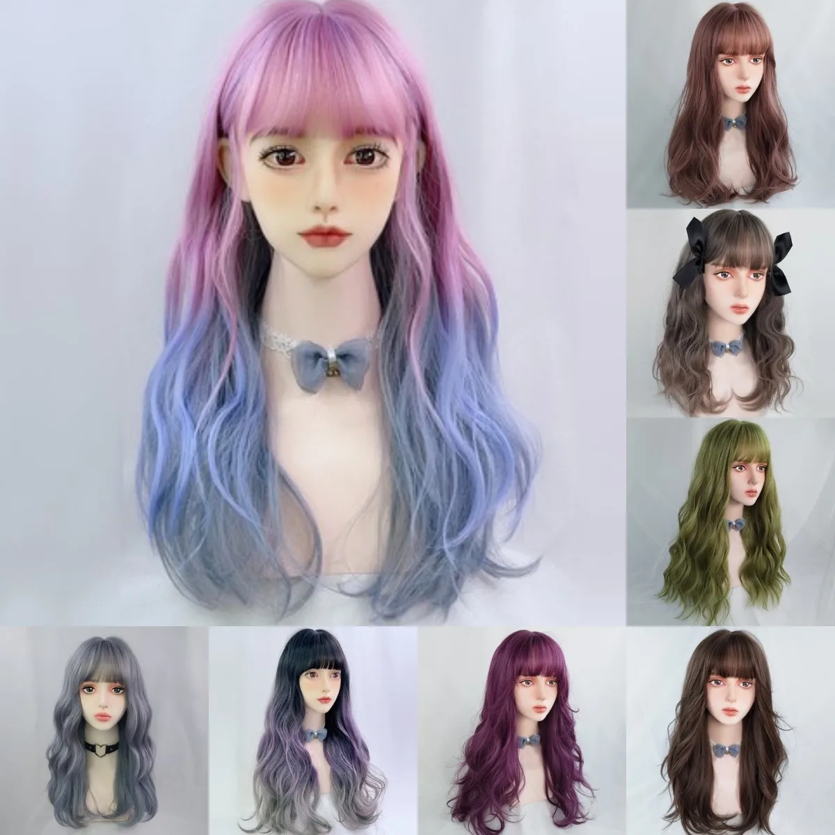 

Aosiwig Synthetic Long Cosplay Lolita Wig Wavy Natural Hair With Bangs Pink Green Blonde Black Colorful Wigs For Women Halloween