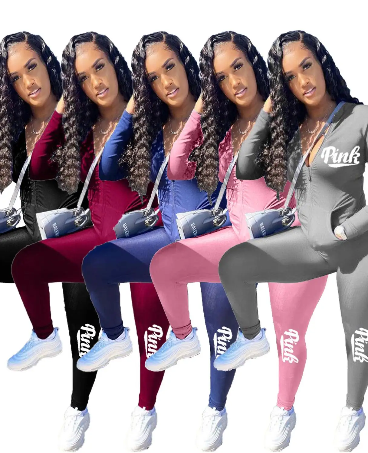 

European new fashion solid color print sports two piece set casual V-Neck long sleeve zipper coat and trousers women's set