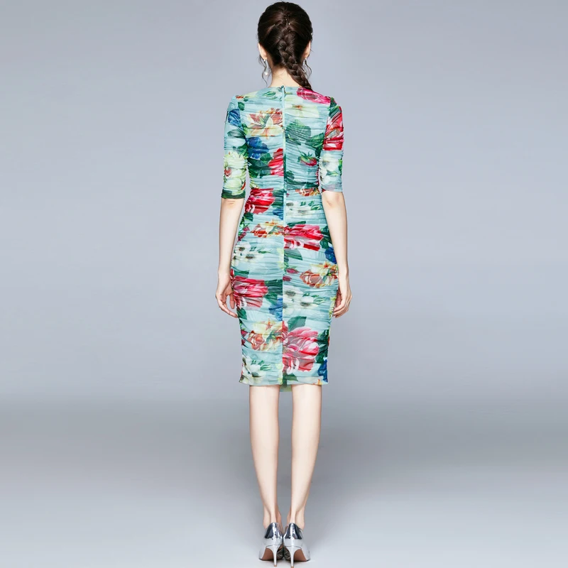 

Summer Sexy Stylish Chic Sexy Elastic Mesh Slim Sheath Dress Women's Puff Sleeve Floral Print Bodycon Party Dresses Vestidos