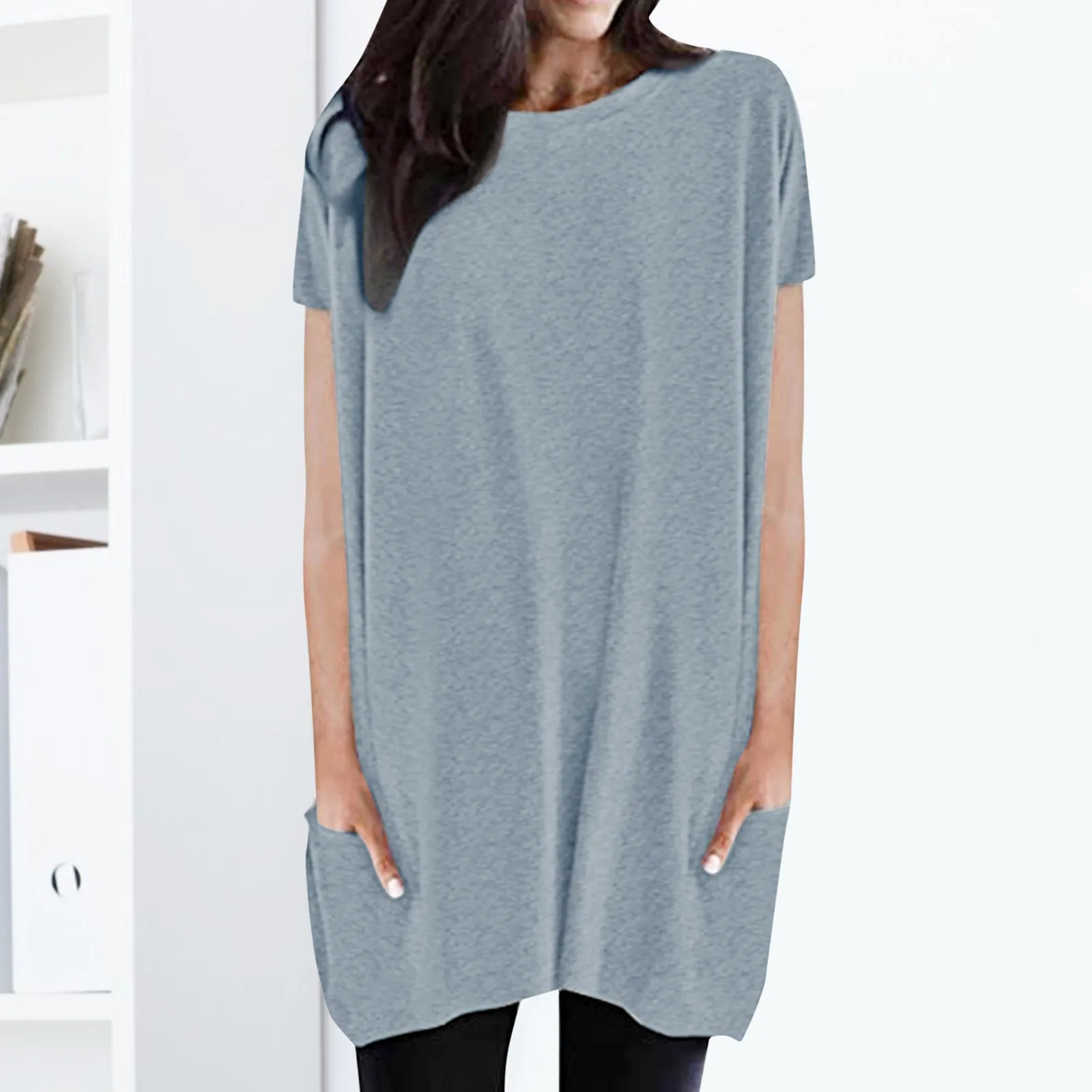 

Свободные блузки, женская рубашка с карманами, однотонная блузка с коротким рукавом и круглым вырезом, повседневные Модные женские блузки, ...