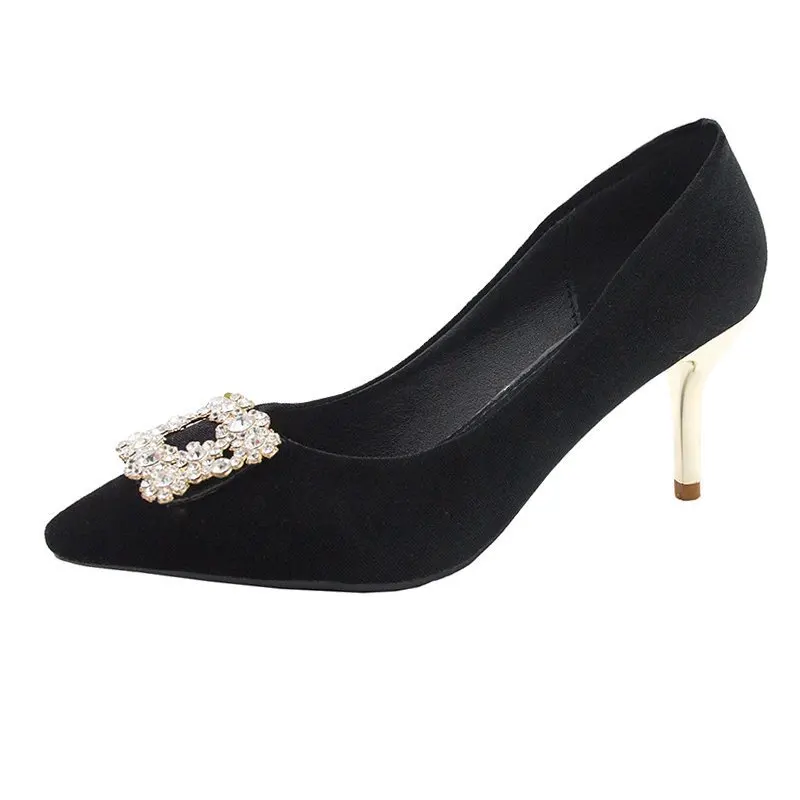 

High heeled shoes new sharp fashion metal button shallow mouth cover foot thin heel wedding shoes women's shoes