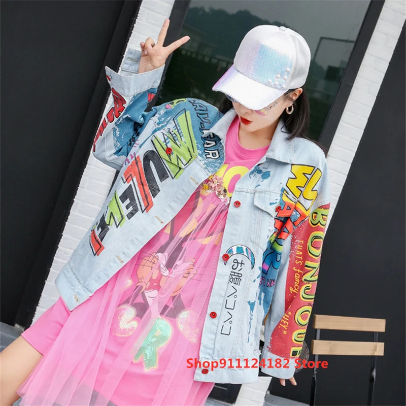 

European Trend Brand Fashion Personality Denim Women's Spring 2021 New Loose Print Graffiti Cardigan Jacket Jacket