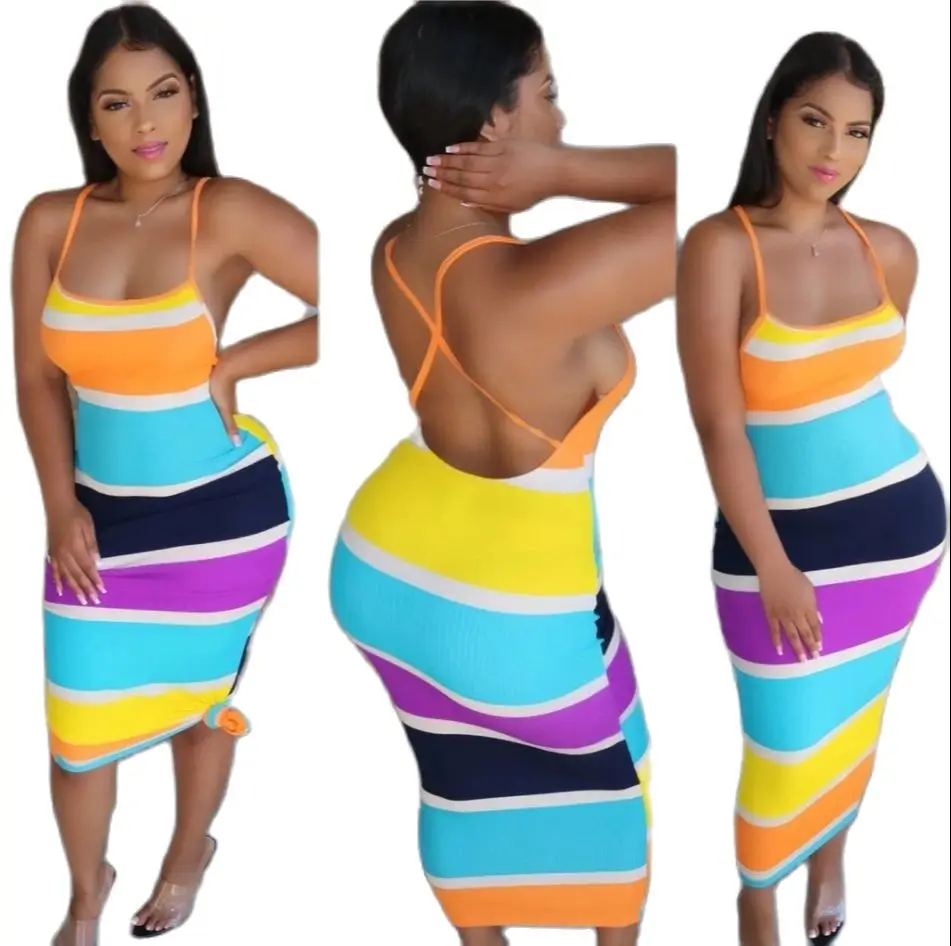 

2021 New Women's Hollow Out Sexy Spaghetti Strap Stripe Long Dress