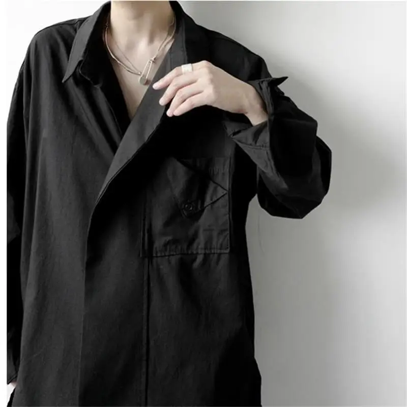 

Рубашка мужская с длинным рукавом, хлопковая блуза свободного покроя, однотонная, в Корейском стиле, для отдыха/парикмахеров/молодежи, осен...