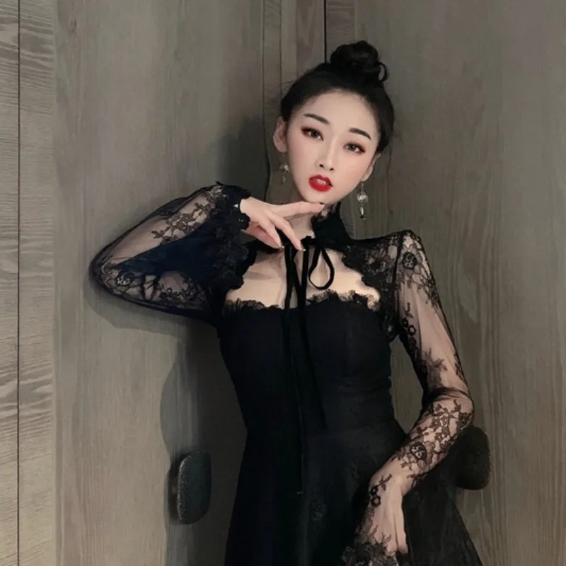

French Vintage Dress Women Fairy Elegant Chic Lace Hollow Out Sexy Mini Party Dress Female One Piece Dress Korea New Autumn 2020