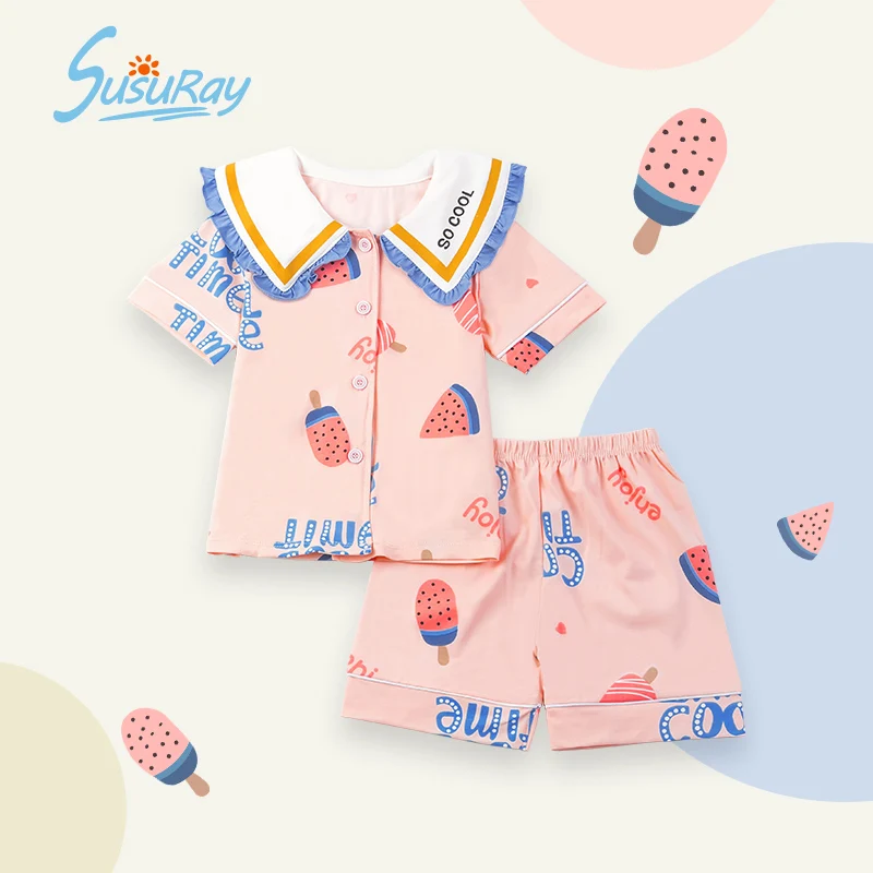 

Лето 2021, детская мультяшная повседневная одежда Susuray, костюм для маленьких девочек, детская одежда для сна с коротким рукавом, детский пижам...