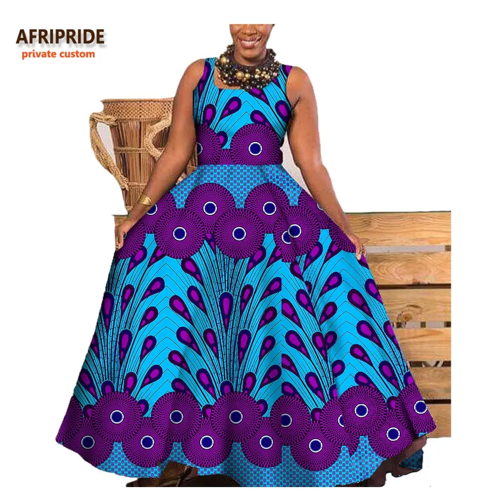 Afripride/модное платье в африканском стиле для женщин, сделанное на заказ, с принтом Анкары, без рукавов, длиной до щиколотки, вечерние, хлопковое платье A722575