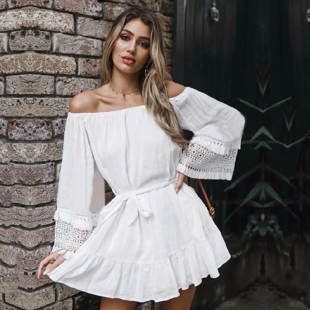 Накидка 2020 белая хлопковая туника Пляжное Платье Летняя для женщин пляжная