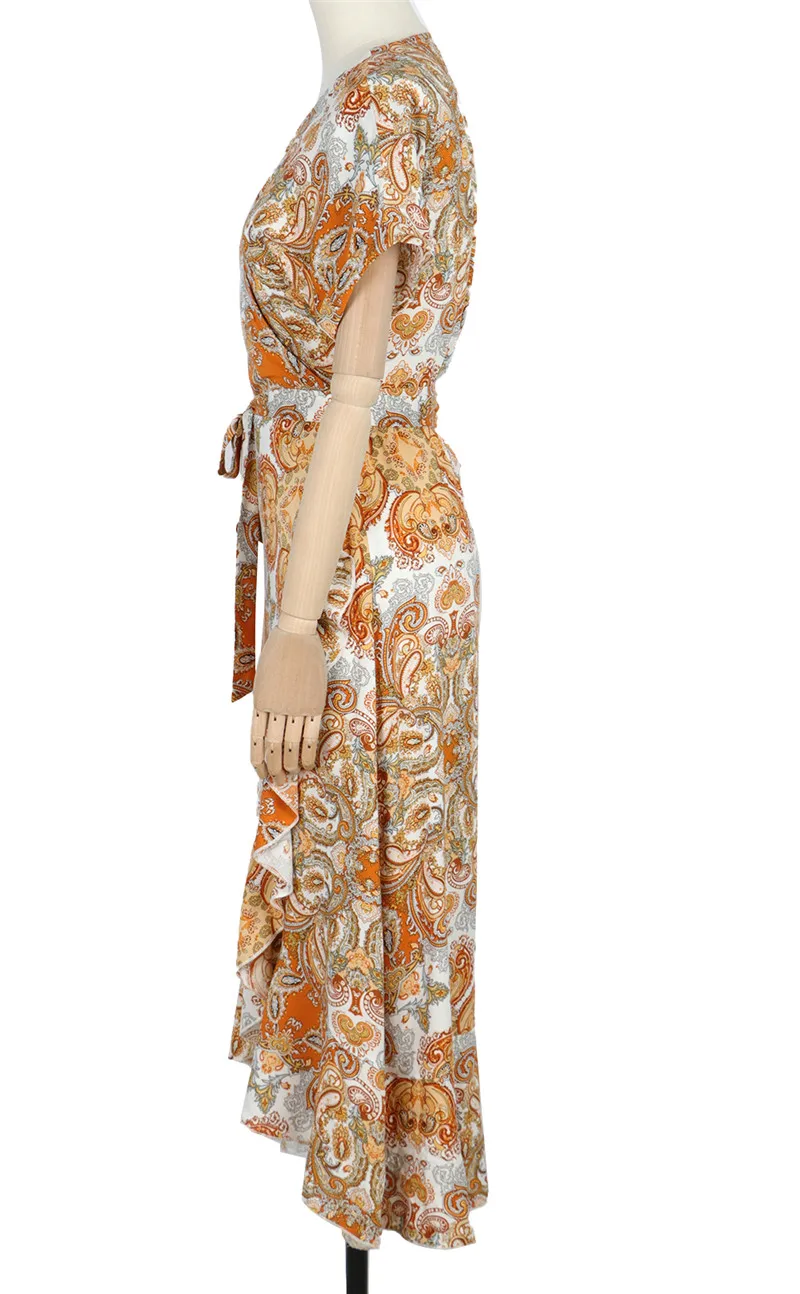 

2020 Floral Print Bohemian Beach Dress Summer Women Chiffon Dress Ruffles Wrap Casual Short Sleeve V-Neck Split Sexy Party Dress