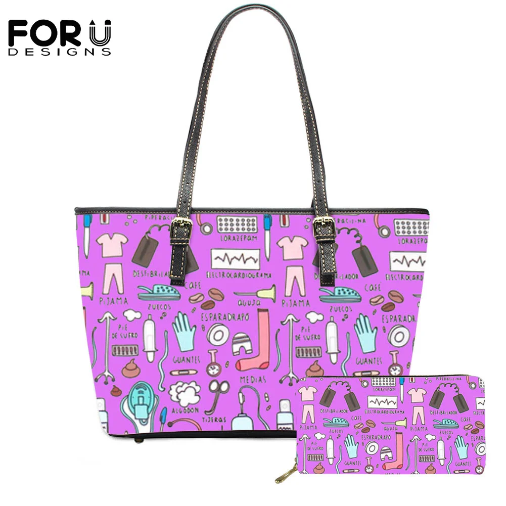 

FORUDESIGN Hot Selling Shoulder Bags Wallet For Ladies 2Pcs Cartoon Doctor Daily Props Brand Design Shopper Big Bag PU Tote