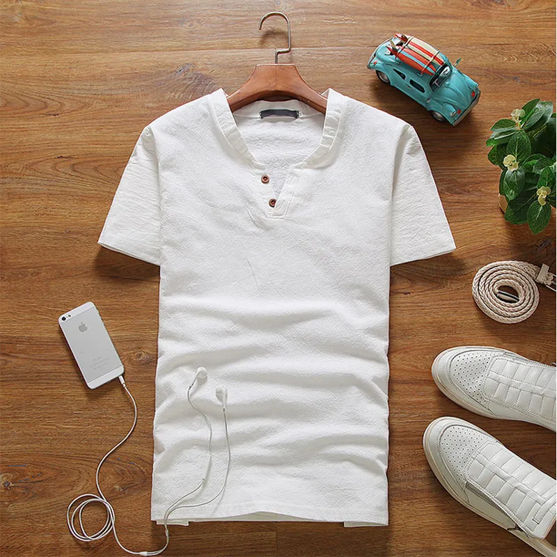 

2021 Summer Vintage Mens Shirt Cotton Linen Loose Casual Solid V-Neck Short Sleeve Tops Harajuku Brand Blouse Large Size 5XL