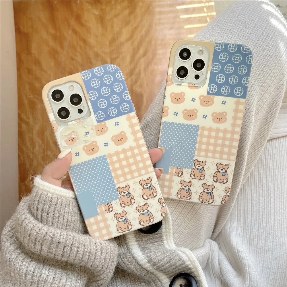 

Cartoon Splicing Lattice Bear Phone Case For iPhone 13 12 11 PRO MAX XS XR XR 7 8 PLUS Cute Clear Bracket Soft Frame Cover Shell