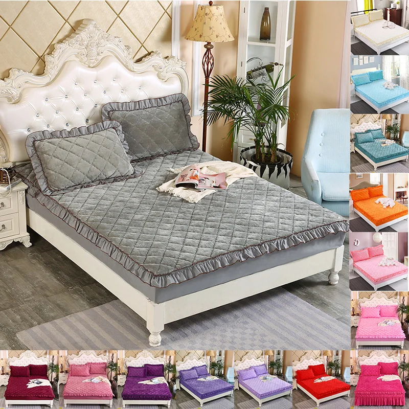 

Luxury Thicken Fleece Mattress Pad Cover Winter Plush Quilted Fitted Sheet Soft Drop Dust Ruffle Bed Skirt with Pompoms Fringe