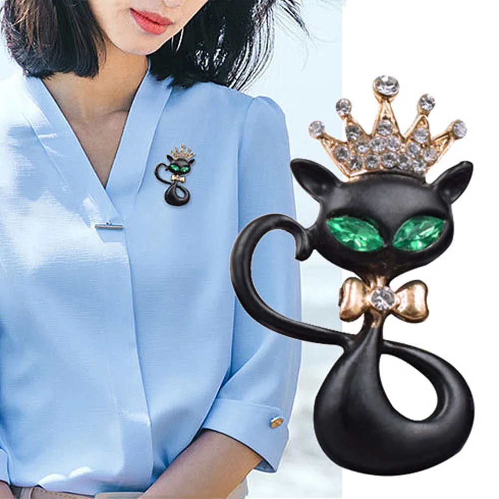 Броши-кошки унисекс с черной эмалью и зелеными глазами симпатичная брошь в виде