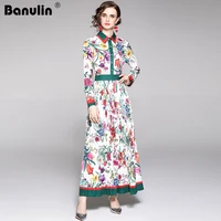 banulin 2021 spring autumn vacation maxi dress womens long sleeve vintage stripe floral print holiday party long pleated dress