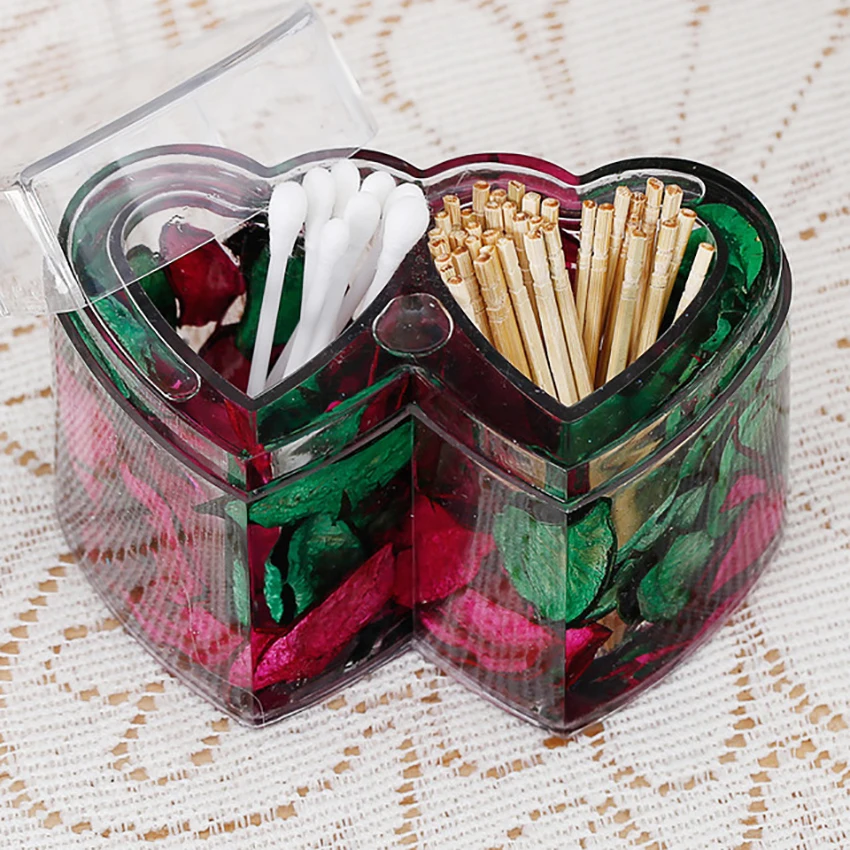 

Double Heart Cotton Swab Holder Organizer with Cover, Acrylic Cotton Pad Container Cotton Swab Box Beauty Toothpicks Holder